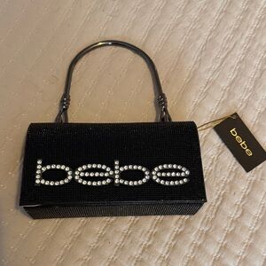 Bebe Black Sparkly Handbag w/ Rhinestone Logo, 5" Metal Handle + Silver Chain